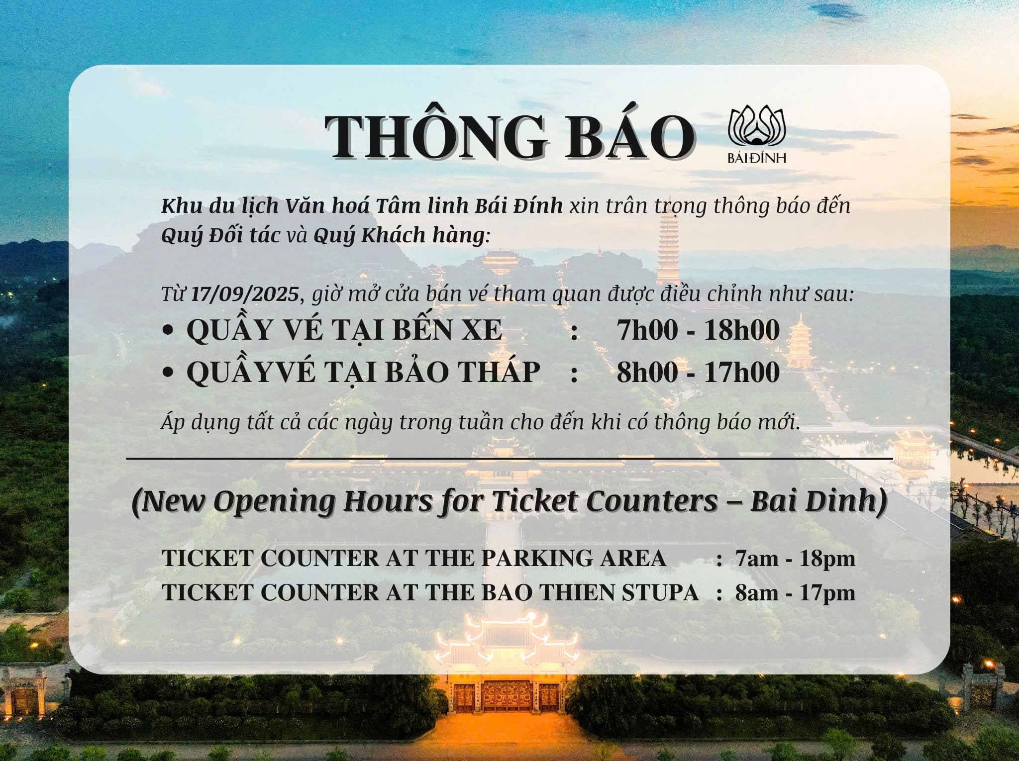 Điều chỉnh về thời gian bán vé tham quan tại Khu du lịch Văn hóa Tâm linh Bái Đính